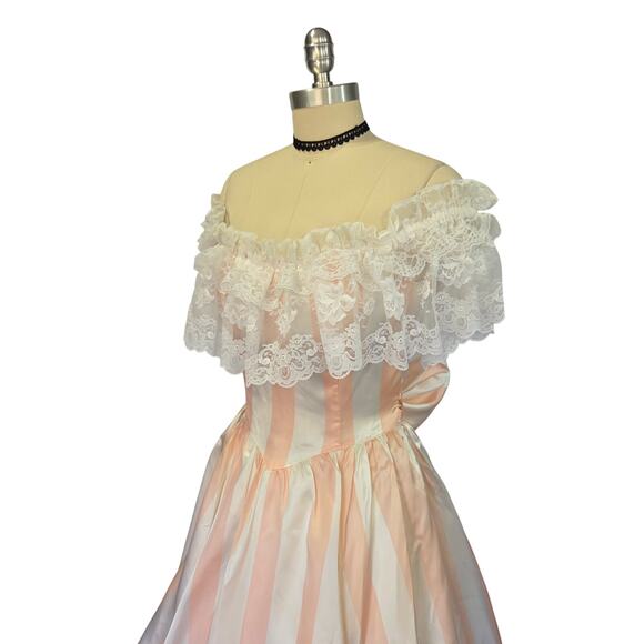 Gunne Sax Pink White Stripe Princess Dress Size S 9 Lace Satin Vintage 80s - Picture 7 of 16